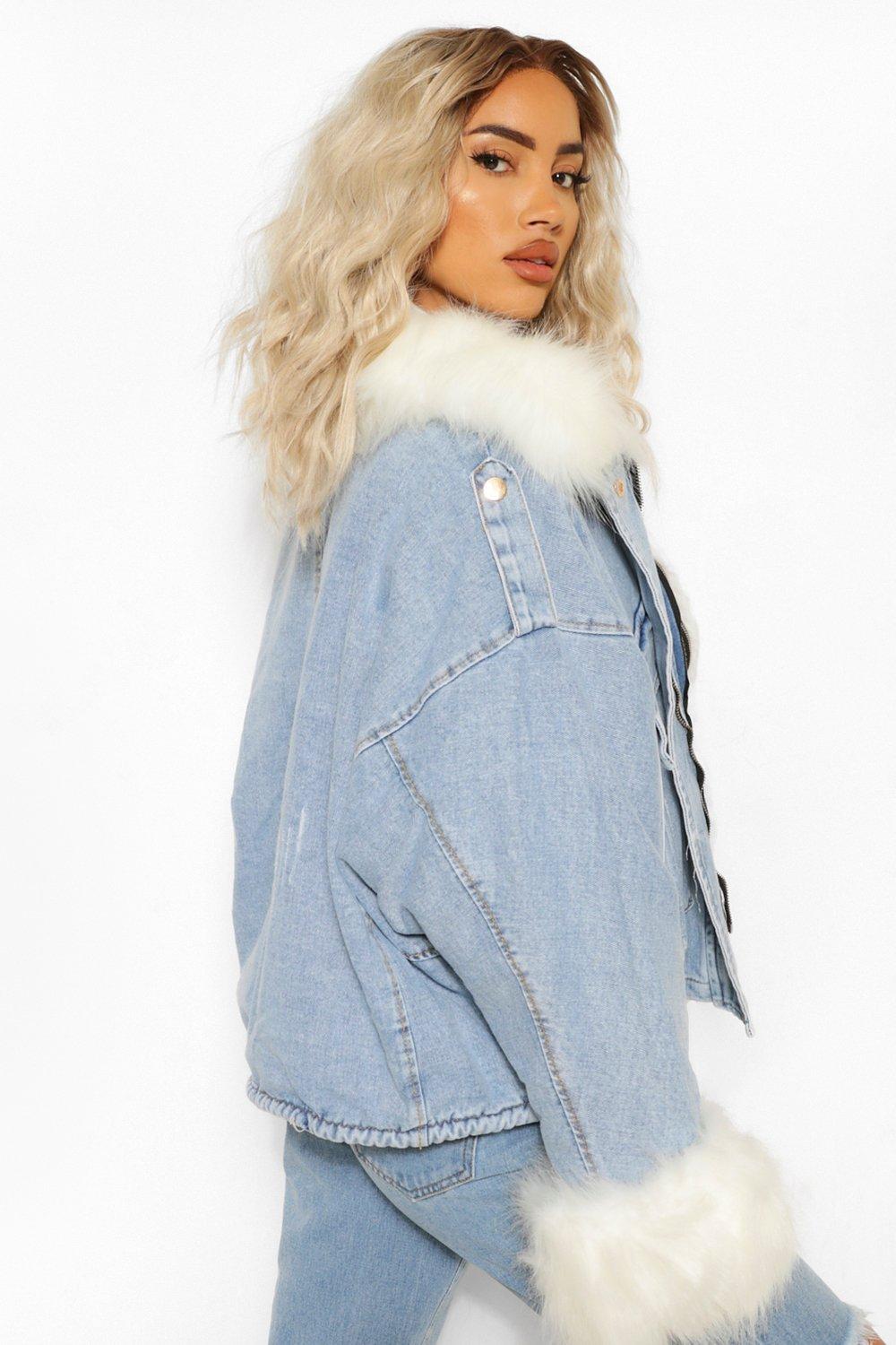 Veste jean best sale fourrure blanche